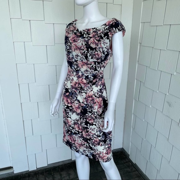 Connected Apparel Women's Pink Multi Floral Short Sleeve Cowl Neck Dress sz 6P - Picture 2 of 5